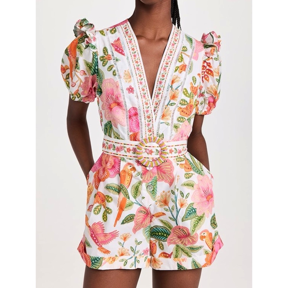 NWT FARM Rio Pink, Green & Orange Tropical Floral Belted Romper